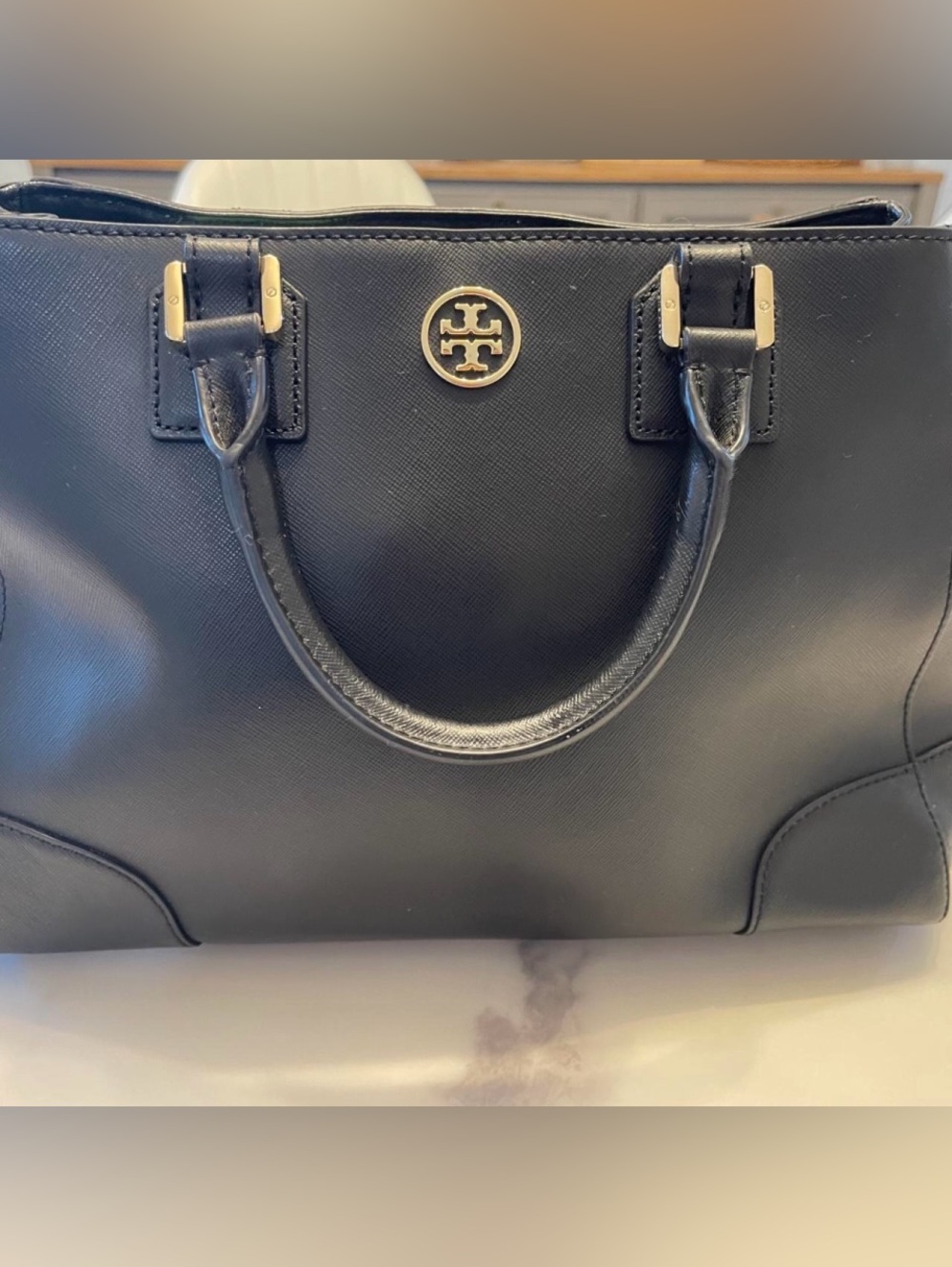 Tory Burch Navy Saffiano Leather Double-Handle Satchel with Gold Logo